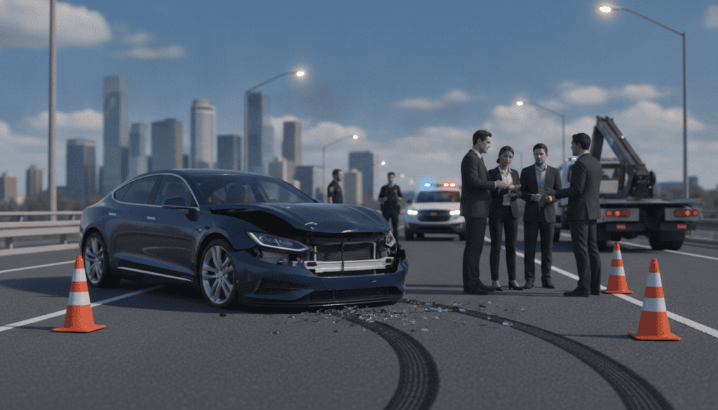 Blue sedan with front-end damage on a highway, debris scattered, orange traffic cones nearby.