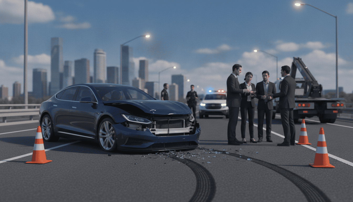 Blue sedan with front-end damage on a highway, debris scattered, orange traffic cones nearby.