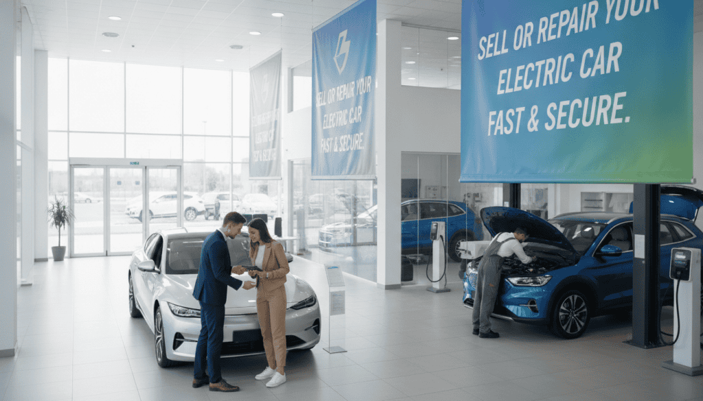 Couple in a showroom discussing a car purchase beside a white sedan in a bright space.