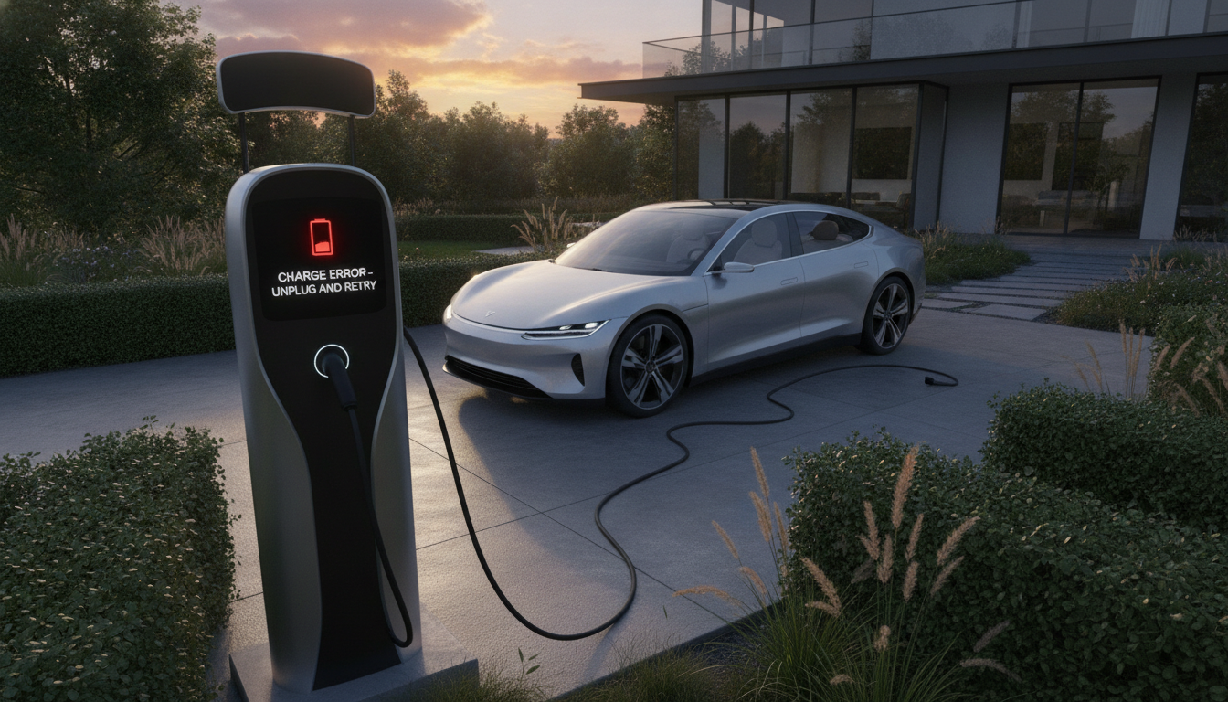Electric car charging at a home charger with a red error message reading 'CHARGE ERROR - UNPLUG AND RETRY' on the screen (sunset scene).