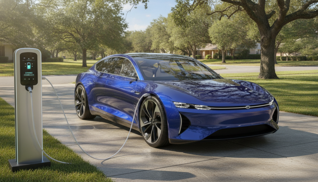 Elektroauto während der Standzeit am Ladekabel