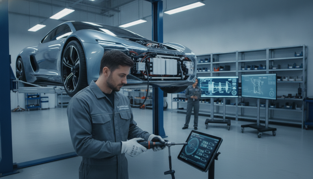 Technische Prüfung eines pfeifenden Elektroautos